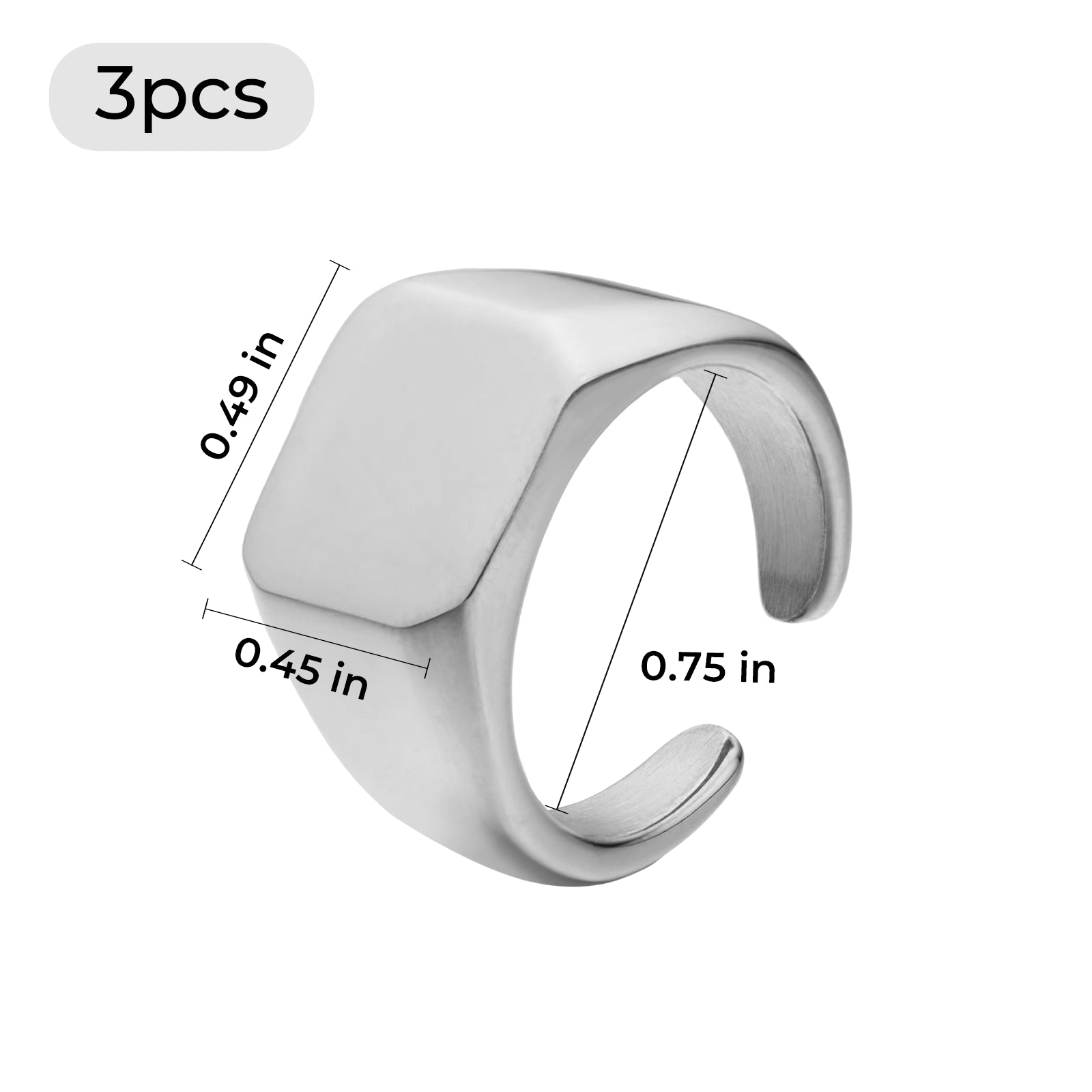 Silver Stainless Steel Square Signet Rings (3pcs)