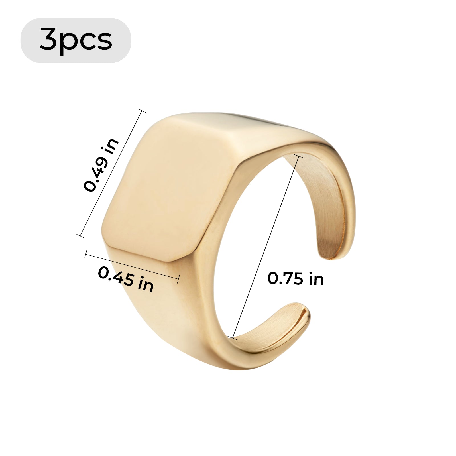 Gold Stainless Steel Square Signet Rings (3pcs)