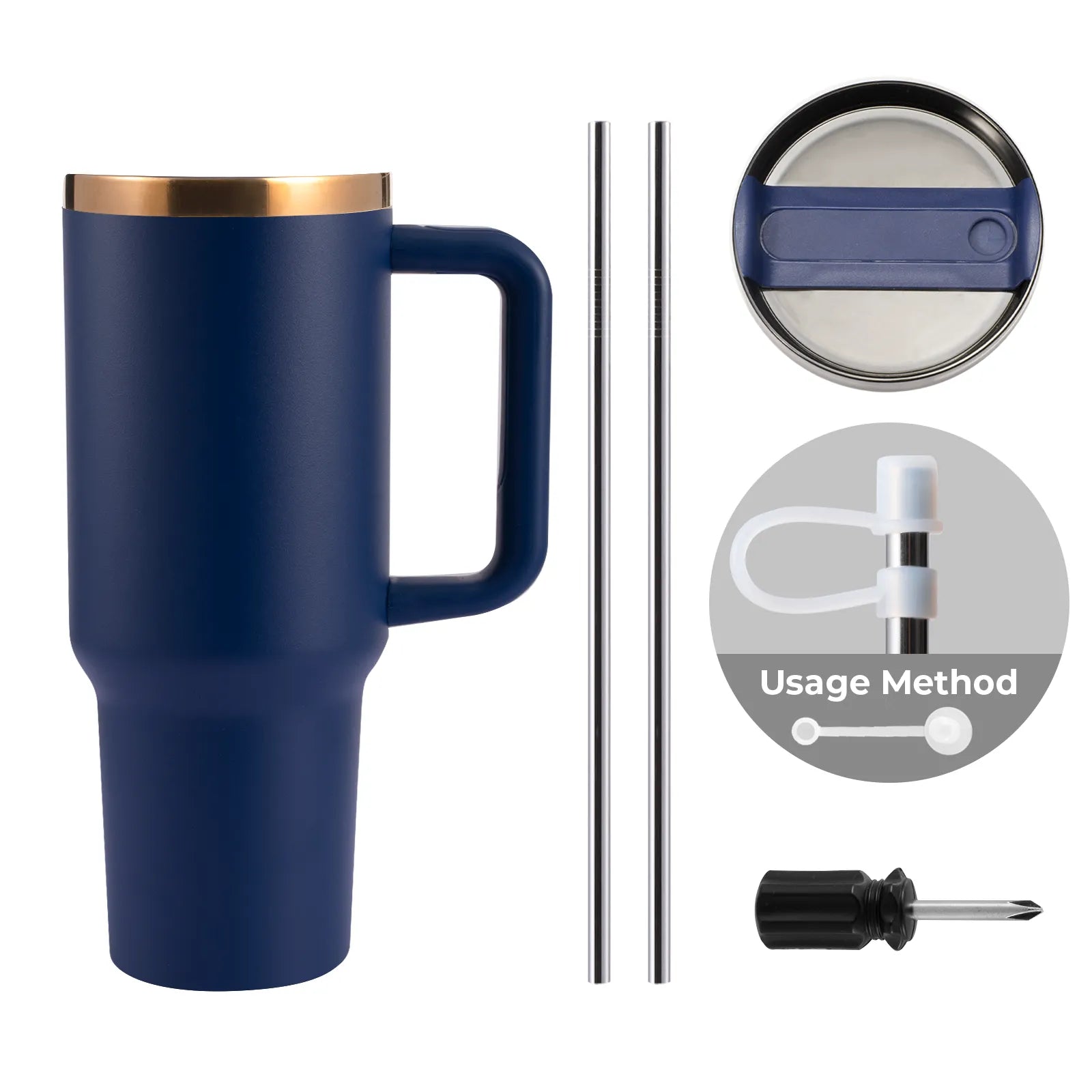 Navy to Gold Stainless Steel Tumbler with Removable Handle (40oz)