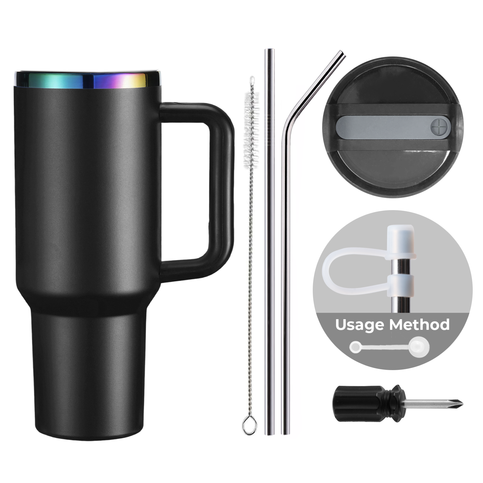 Black To Iridescent Stainless Steel Tumbler with Removable Handle (40oz)