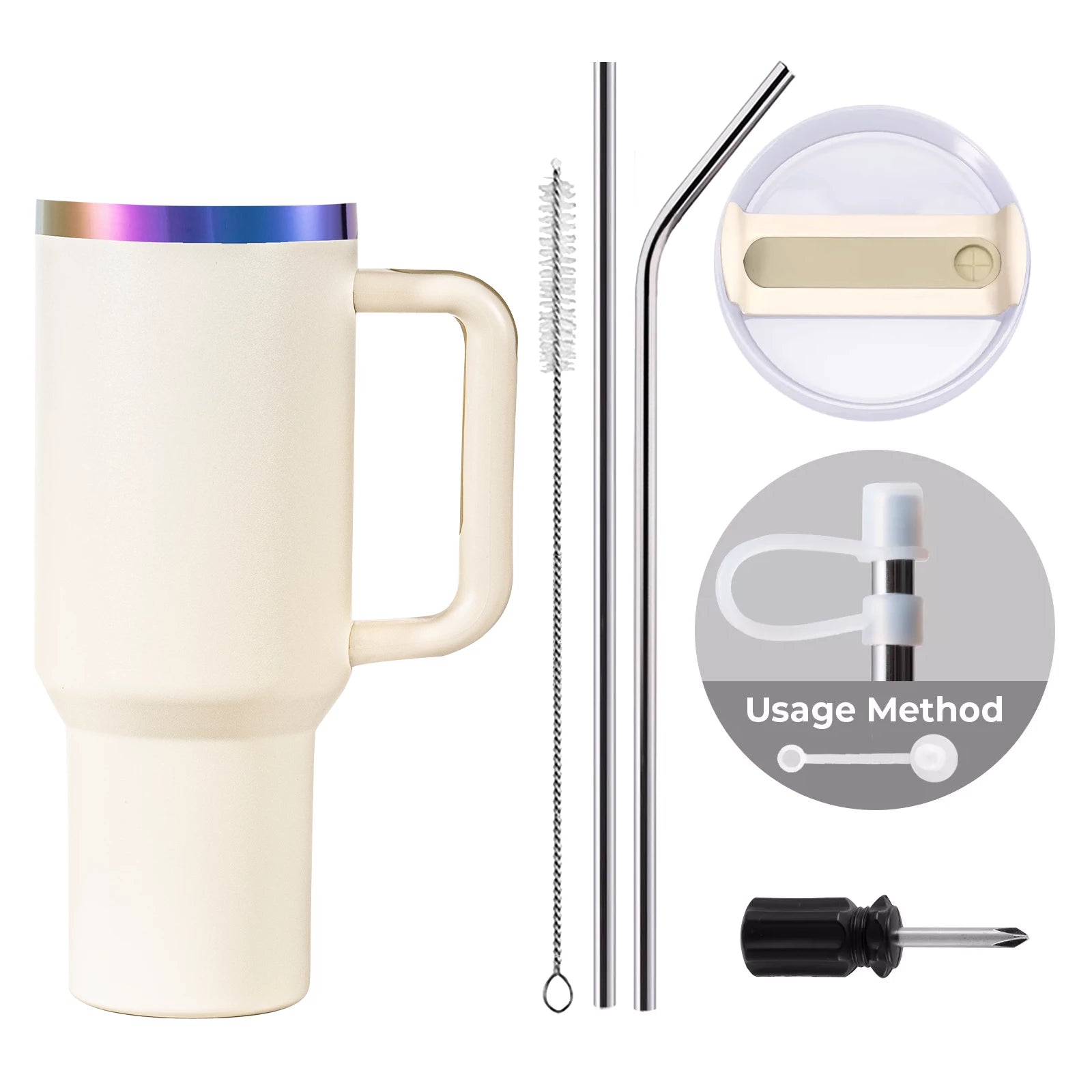 Cream White To Iridescent Stainless Steel Tumbler with Removable Handle (40oz)