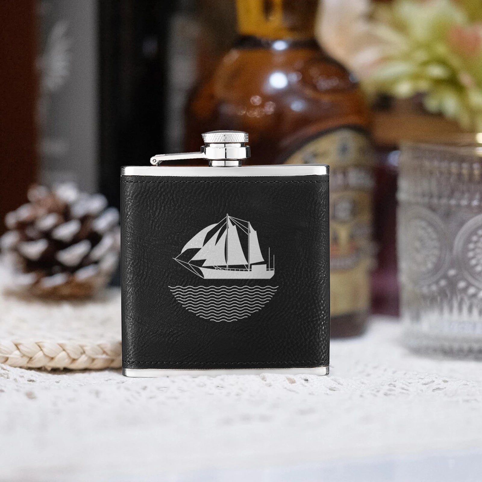 Black to Silver Laserable PU Stainless Steel Hip Flask (6oz)