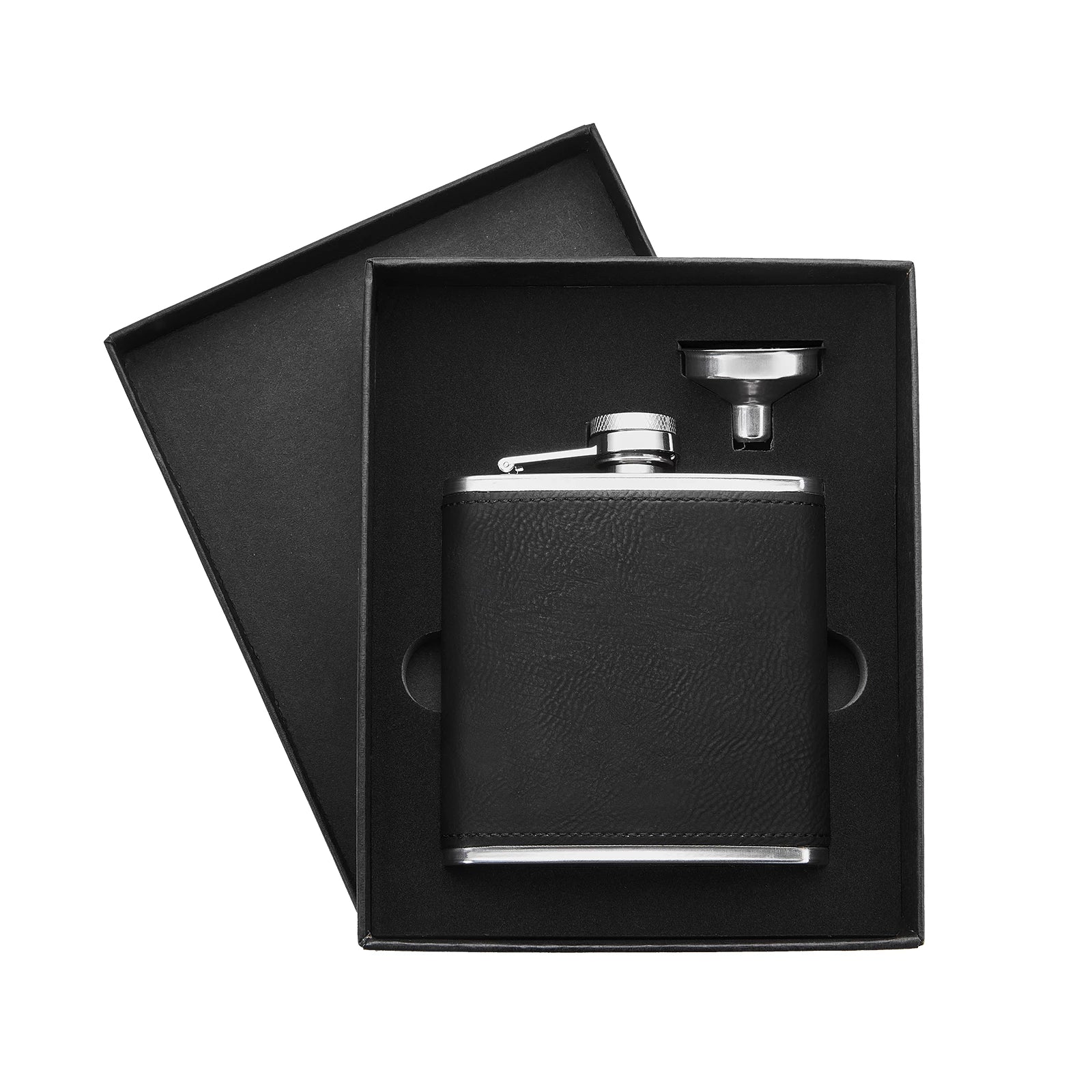 Black to Silver Laserable PU Stainless Steel Hip Flask (6oz)