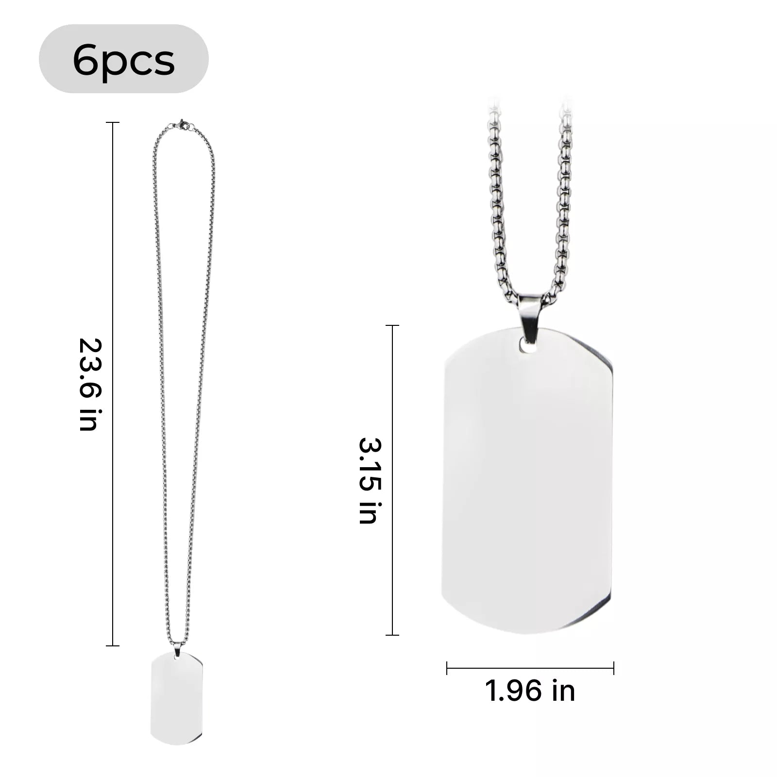 Silver Stainless Steel Military Pendant Necklace (6pcs)