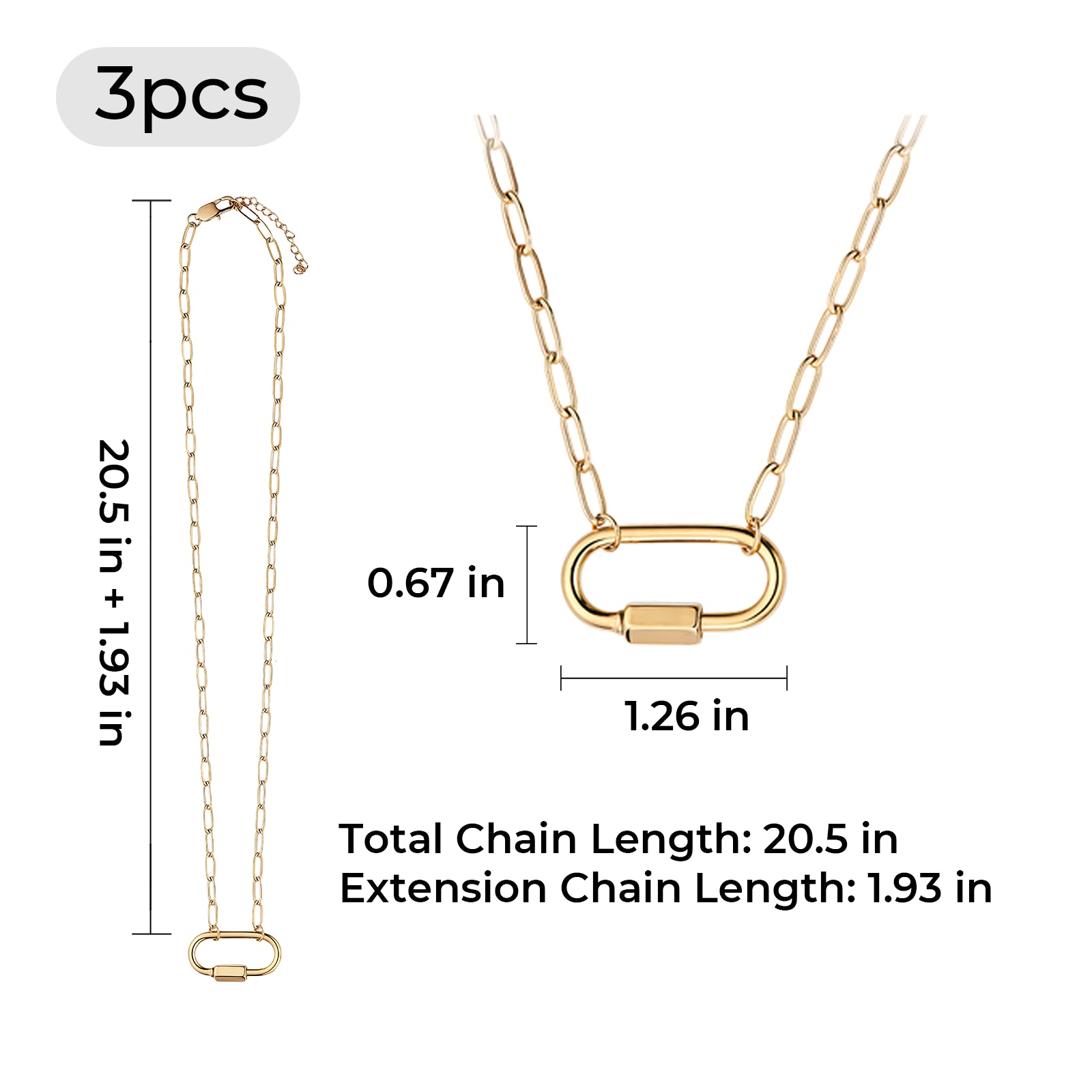 Gold Stainless Steel Carabiner Necklace (3pcs)