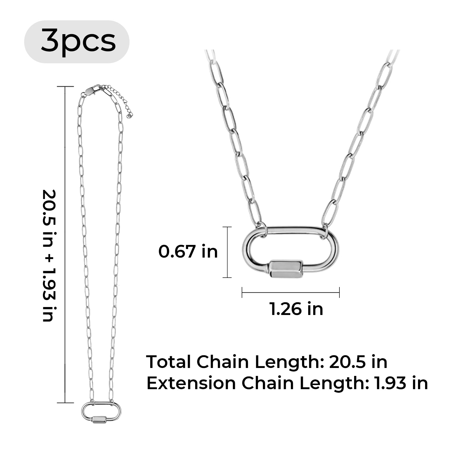 Silver Stainless Steel Carabiner Necklace (3pcs)