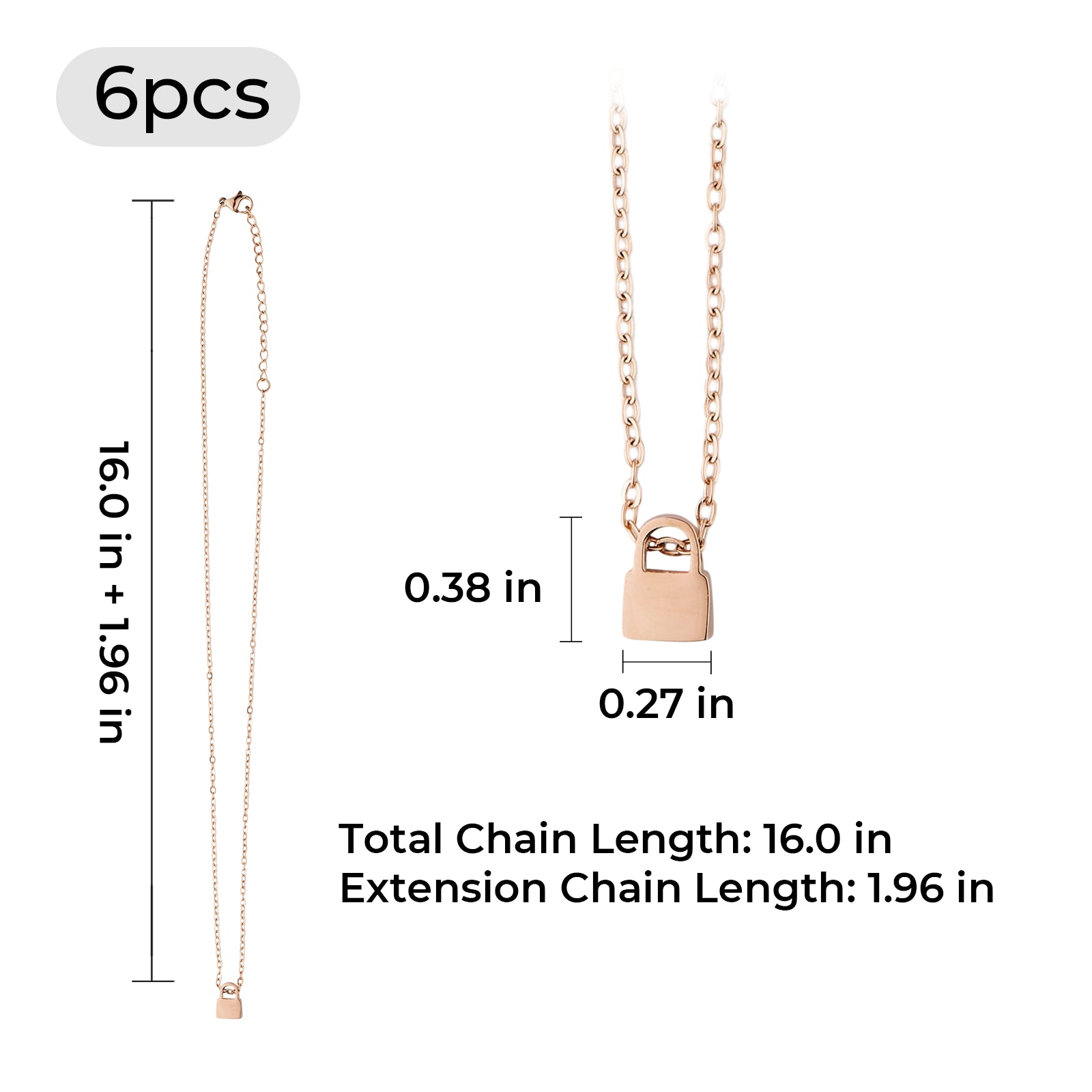 Rose Gold Stainless Steel Lock Necklace (6pcs)